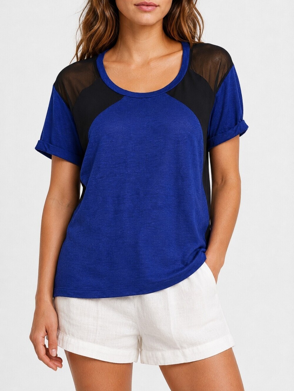 Sandro Linen Silk Mesh Shoulder Tee Blue Black Size 2